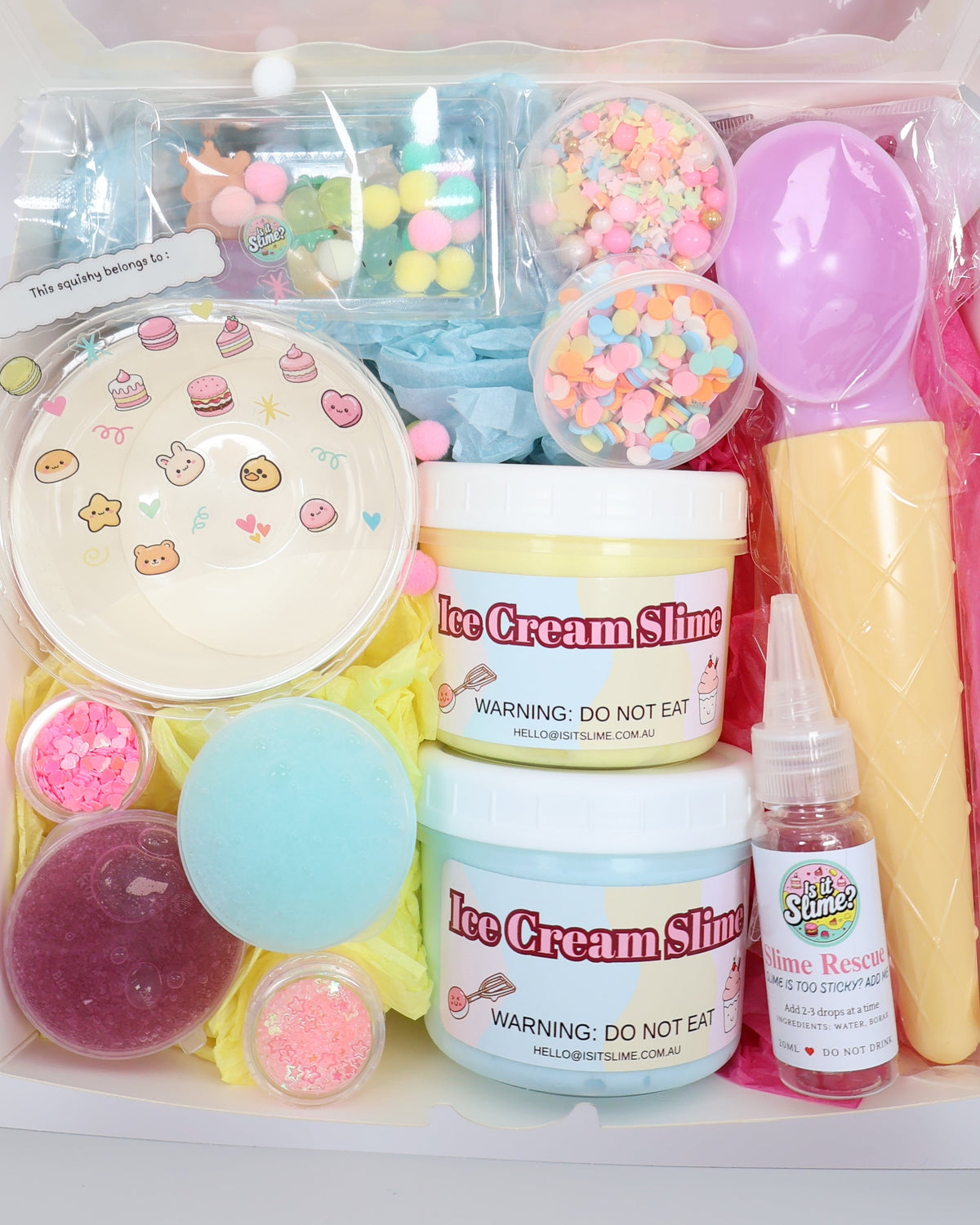 Contents of the Ice Cream Slime Kit, including two 200ml slimes and decorating accessories